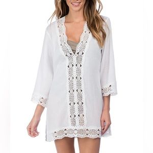 La Blanca Island‎ Flare V-Neck Crinkled Crochet Trim Swim Cover-Up Tunic